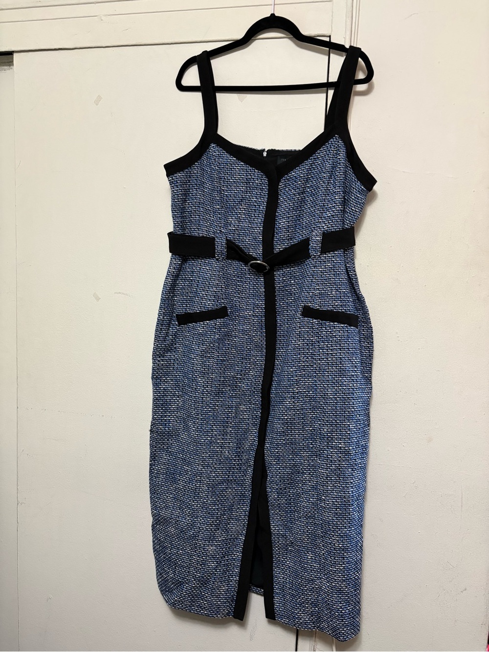 Ted Baker Blue Tweed Midi Dress with Black Trim